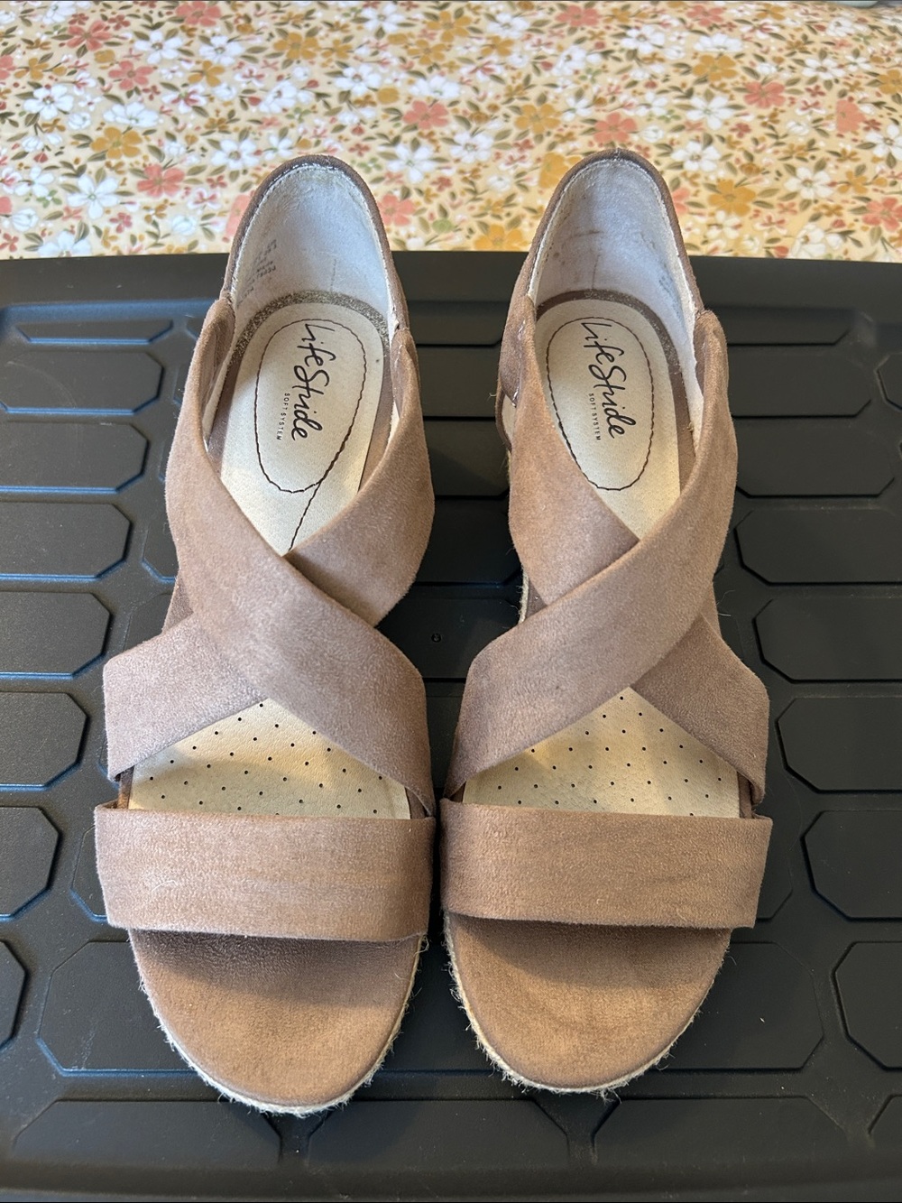Life Stride Blush Taupe Crossover Suede Wedge Sandals